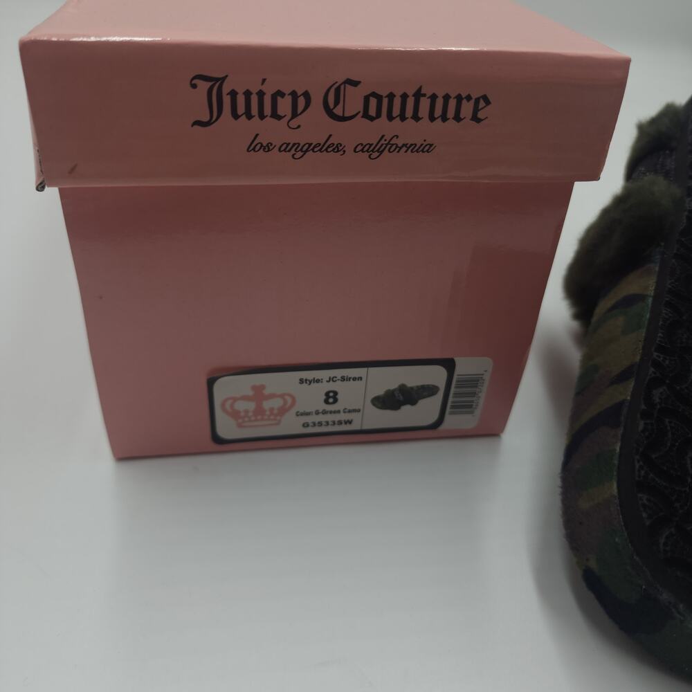 Juicy Couture Slide Slippers Faux Fur JC Siren Green Camo Size 8 - Picture 9 of 9
